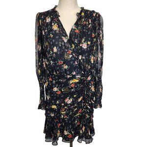 Veronica Beard Black Floral Armeria‎ Dress 10 Chiffon Ruched Sheer Long Sleeve